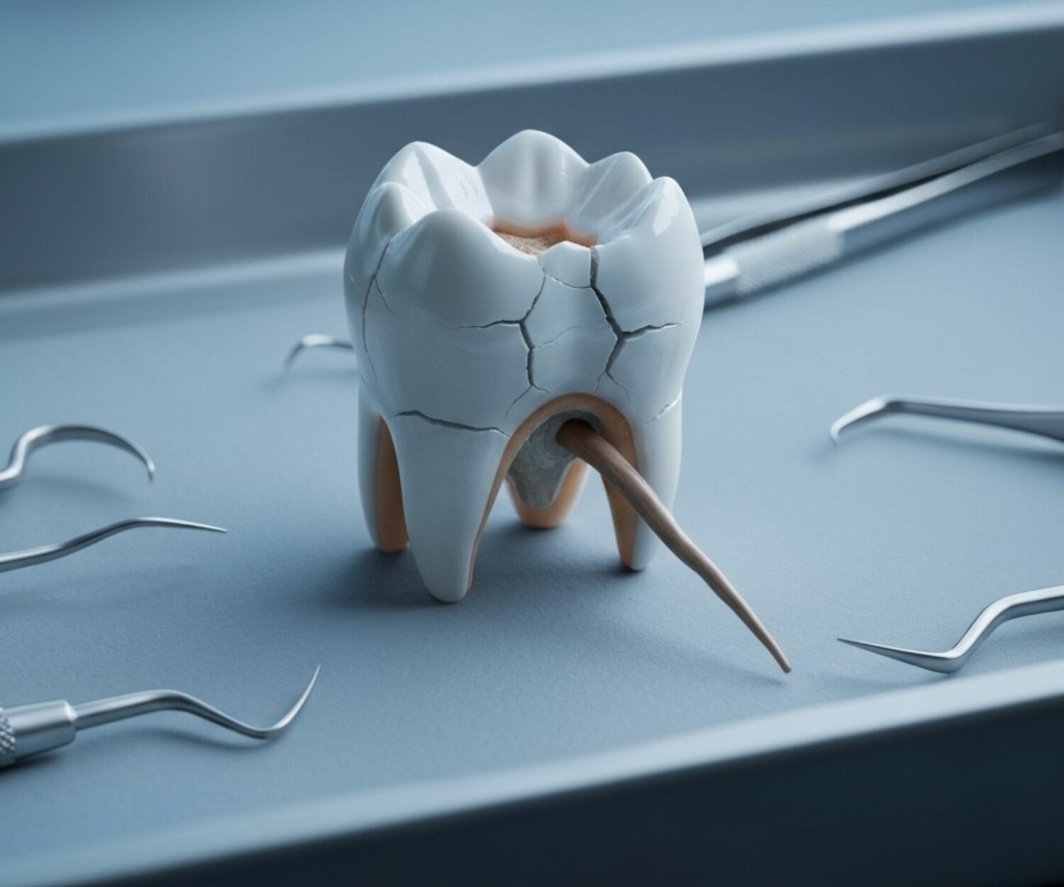 Broken root canal tooth close-up