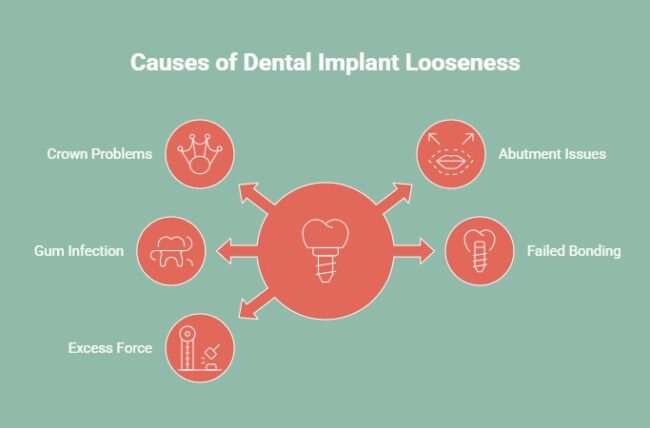 Infographic showing causes of dental implant looseness