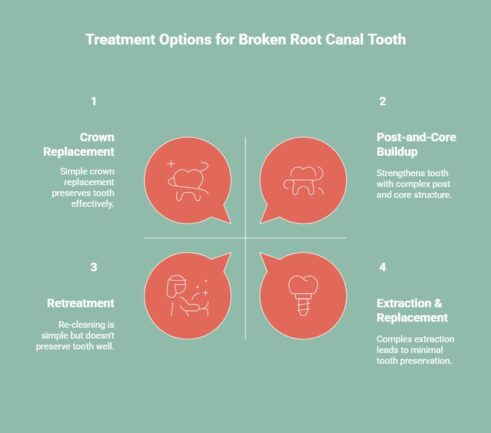 Infographic showing treatment options for broken root canal tooth