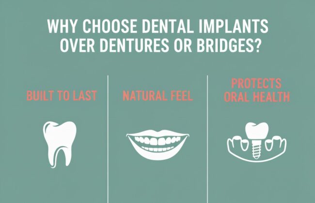 Infographic showing why dental implants are better over dentures and bridges