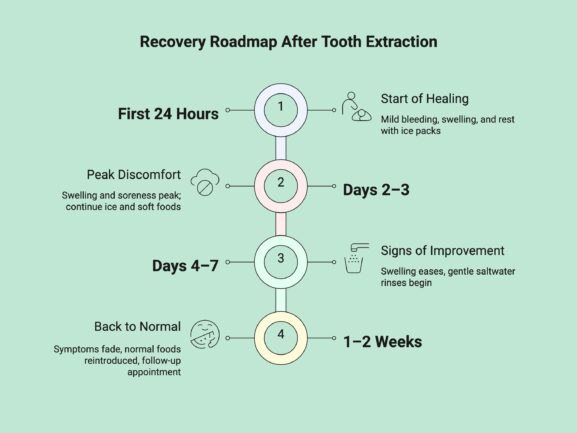 Infographic showcasing the recovery roadmap after tooth extraction.