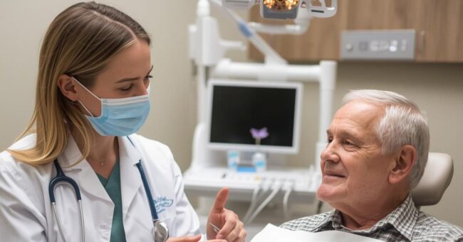 Dentist explaining procedure to a senior person