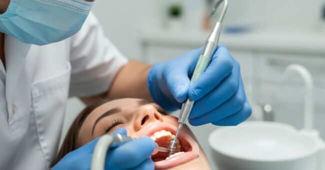 Dentist placing an implant for a patient