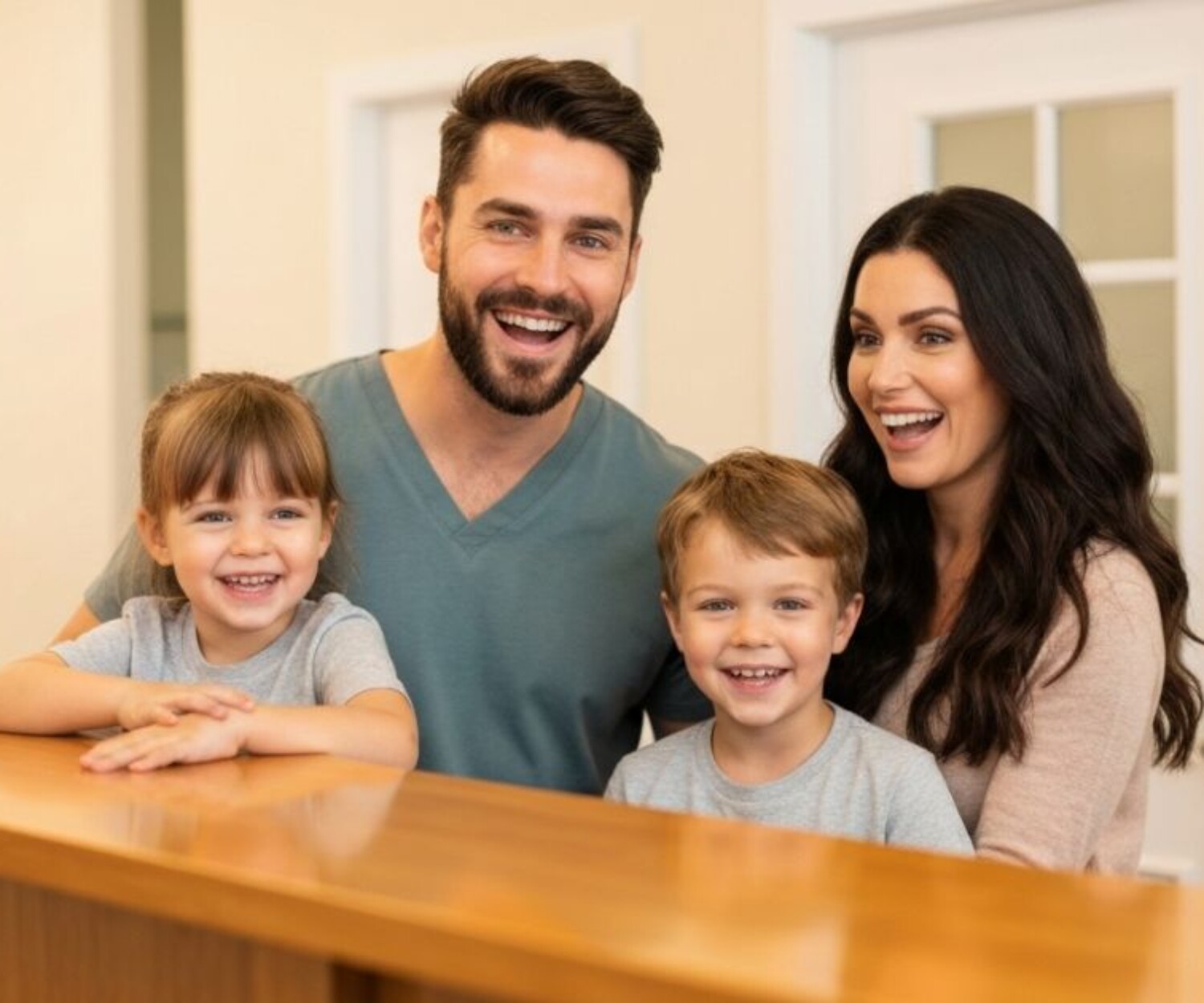 Family happy at dental clinic reception