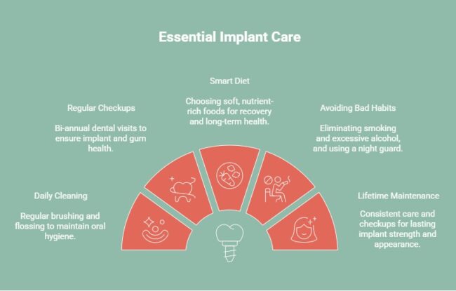 Infographic showing essential implant care