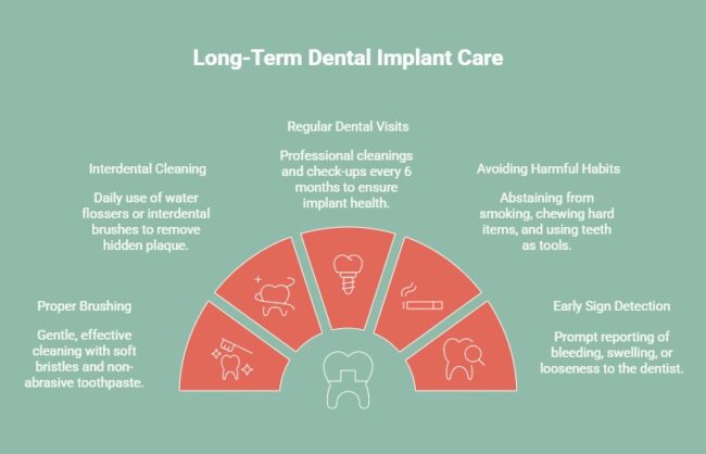 Infographic showing long term dental implant care