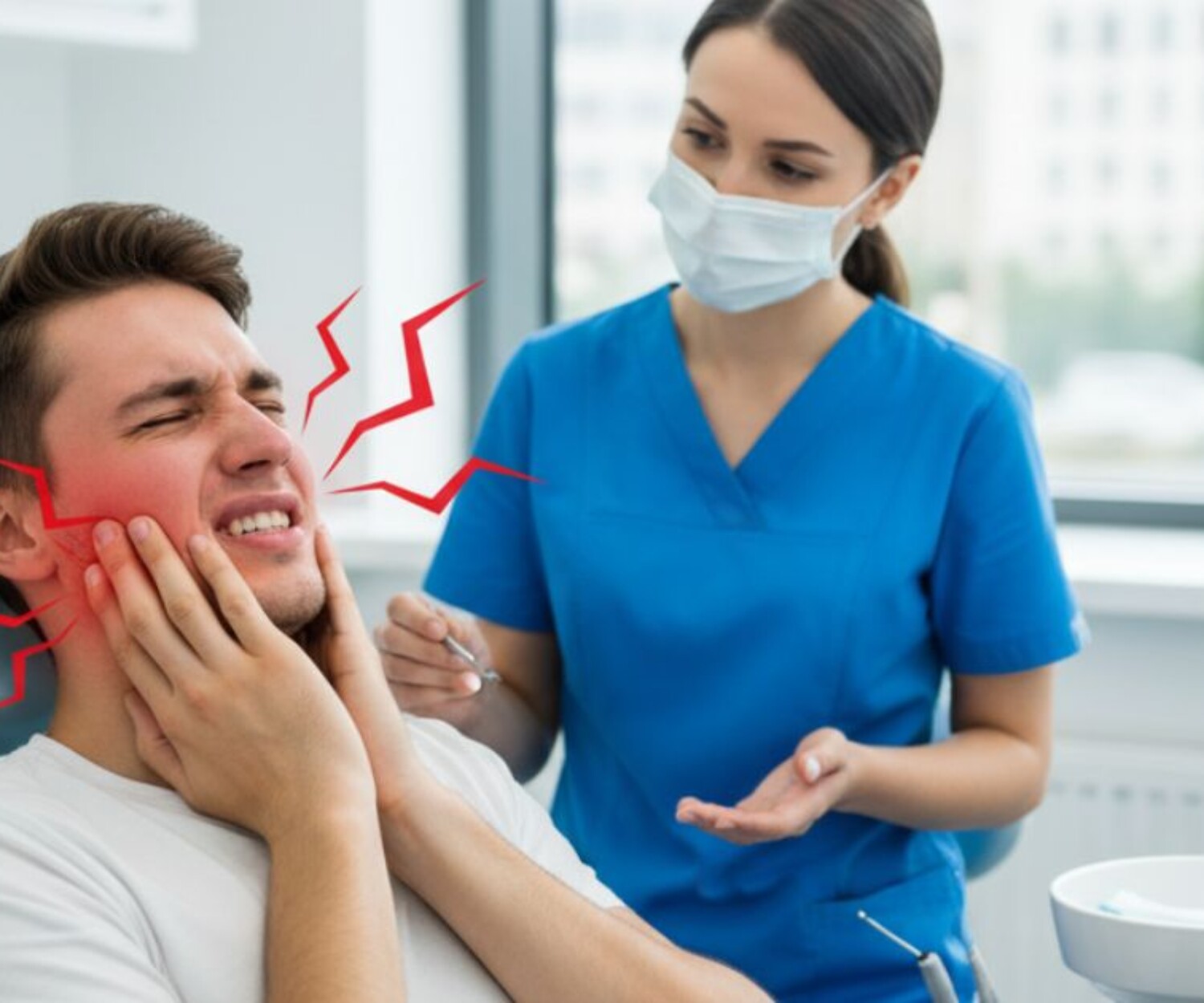 Patient with tooth pain in dentist clinic