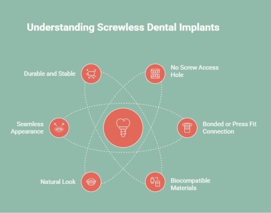 Infographic of Key features of Screwless Dental Implants