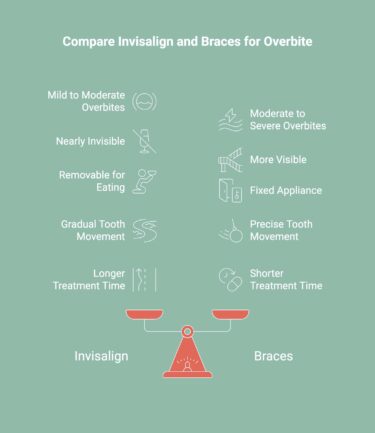 Infographic comparing braces vs invisalign for overbite correction