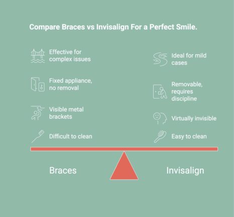 infographic comparing braces vs invisalign for a perfect smile