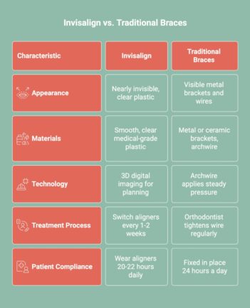 Infographic showcasing the differences between Invisalign vs Braces