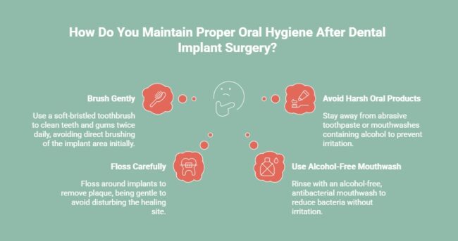 Infographic detailing how to maintain proper oral hygiene after dental implant surgery: Brush gently with a soft-bristled toothbrush, floss carefully around implants, avoid harsh oral products like abrasive toothpaste and alcohol-based mouthwashes, and use alcohol-free mouthwash to reduce bacteria without irritation.