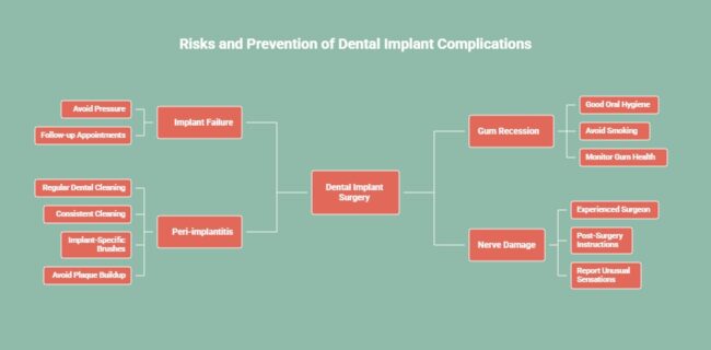 Infographic outlining the risks and prevention of dental implant complications. Key risks include implant failure, peri-implantitis, gum recession, and nerve damage. Preventive measures include avoiding pressure, consistent cleaning, good oral hygiene, follow-up appointments, avoiding smoking, and post-surgery instructions.