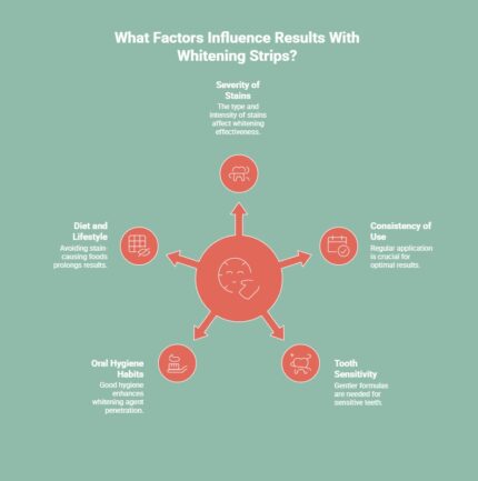 Infographic showing factors influencing the results of whitening strips: severity of stains, diet and lifestyle, consistency of use, oral hygiene habits, and tooth sensitivity. Each factor affects whitening effectiveness and results.