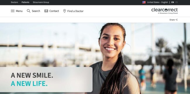 Screenshot of clearcorrect homepage