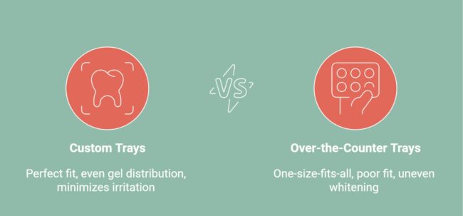 Infographics showcasing the types of dental whitening trays: custom trays vs. over-the-counter trays.
