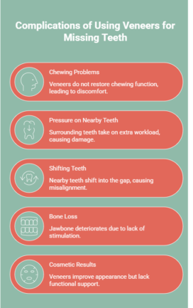 Infographic explaining why dental veneers do not work for missing teeth, highlighting chewing problems, pressure on nearby teeth, shifting teeth, bone loss, and lack of functional support