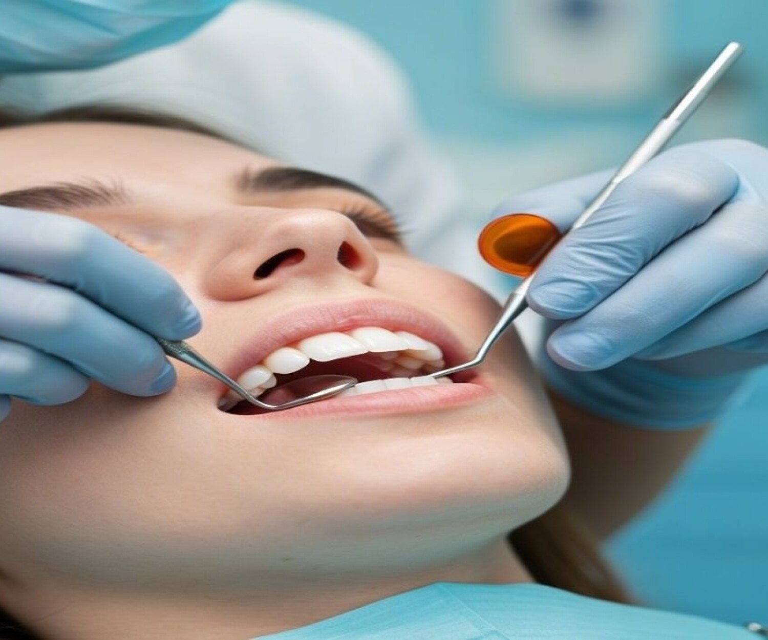 Close-up of a professional dentist carefully placing dental veneers on a patient in a modern clinic.