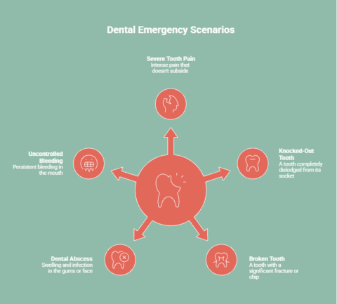 Dental emergency scenarios showing severe tooth pain, knocked-out tooth, broken tooth, dental abscess, and uncontrolled bleeding