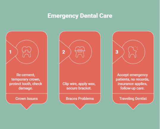 Infographic on emergency dental care for crowns, braces, and traveling patients.