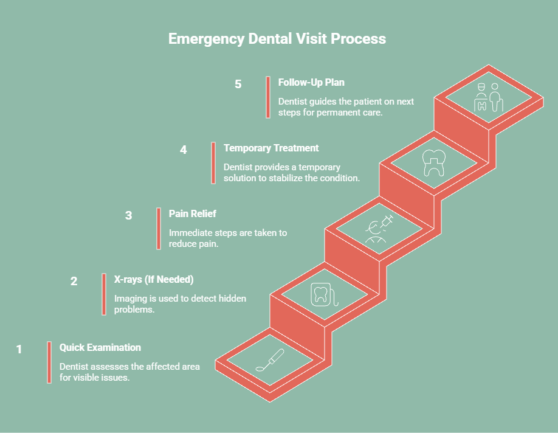 Infographic showing emergency dental visit steps: examination, X-rays, pain relief, temporary treatment, and follow-up plan.
