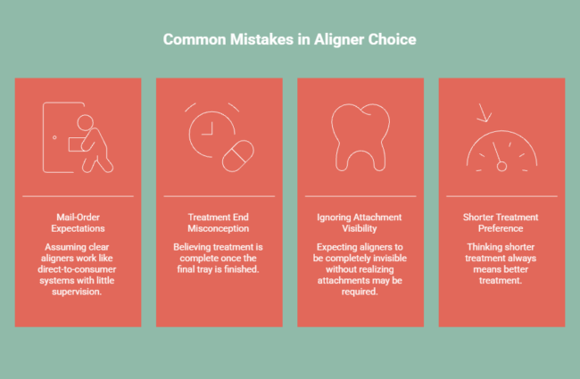 Common mistakes infographic showing misconceptions patients make when choosing between ClearCorrect and Invisalign aligners