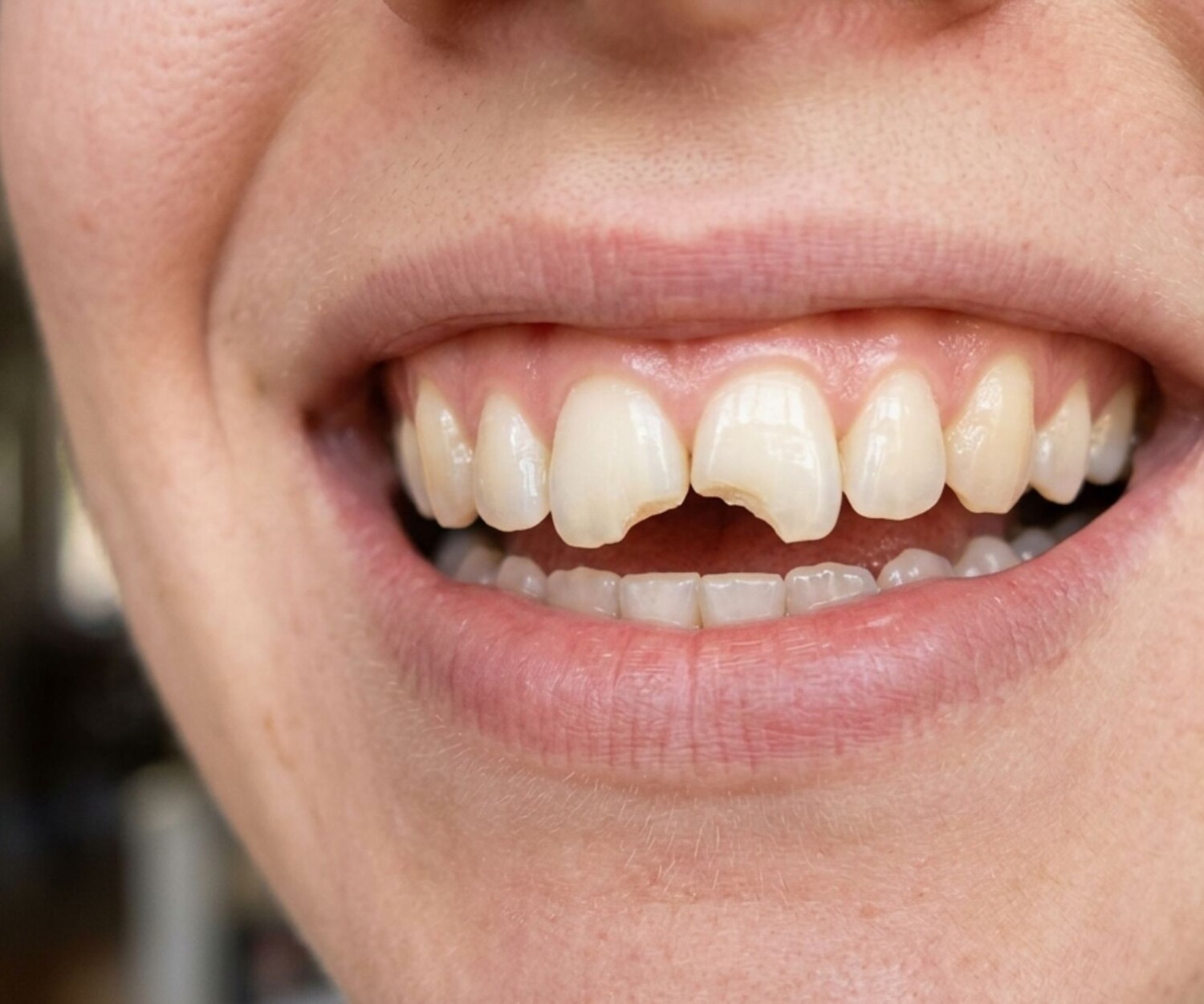 A close-up photograph of a person smiling, revealing a noticeable chip in one of their front upper teeth