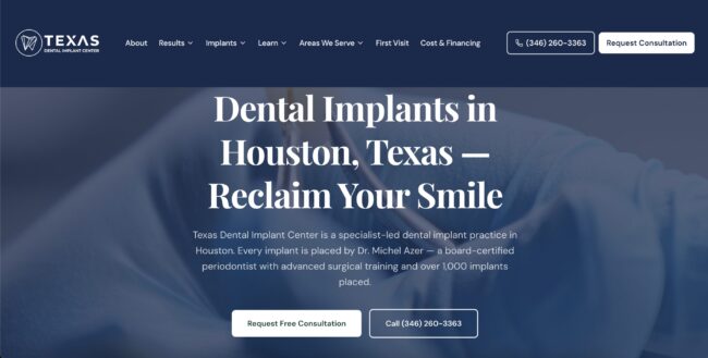 Screenshot of Texas Dental Implant Center home page