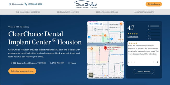 Screenshot of ClearChoice Dental Implant Center Houston home page