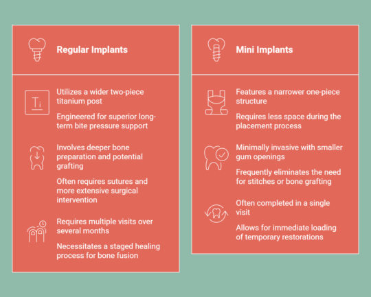 Infographic showing how dental implants and mini implants differ structurally and procedurely